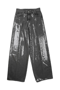 Nine Inthe Morning women’s dark gray denim jeans with bold shimmering silver sequin pattern on the legs
