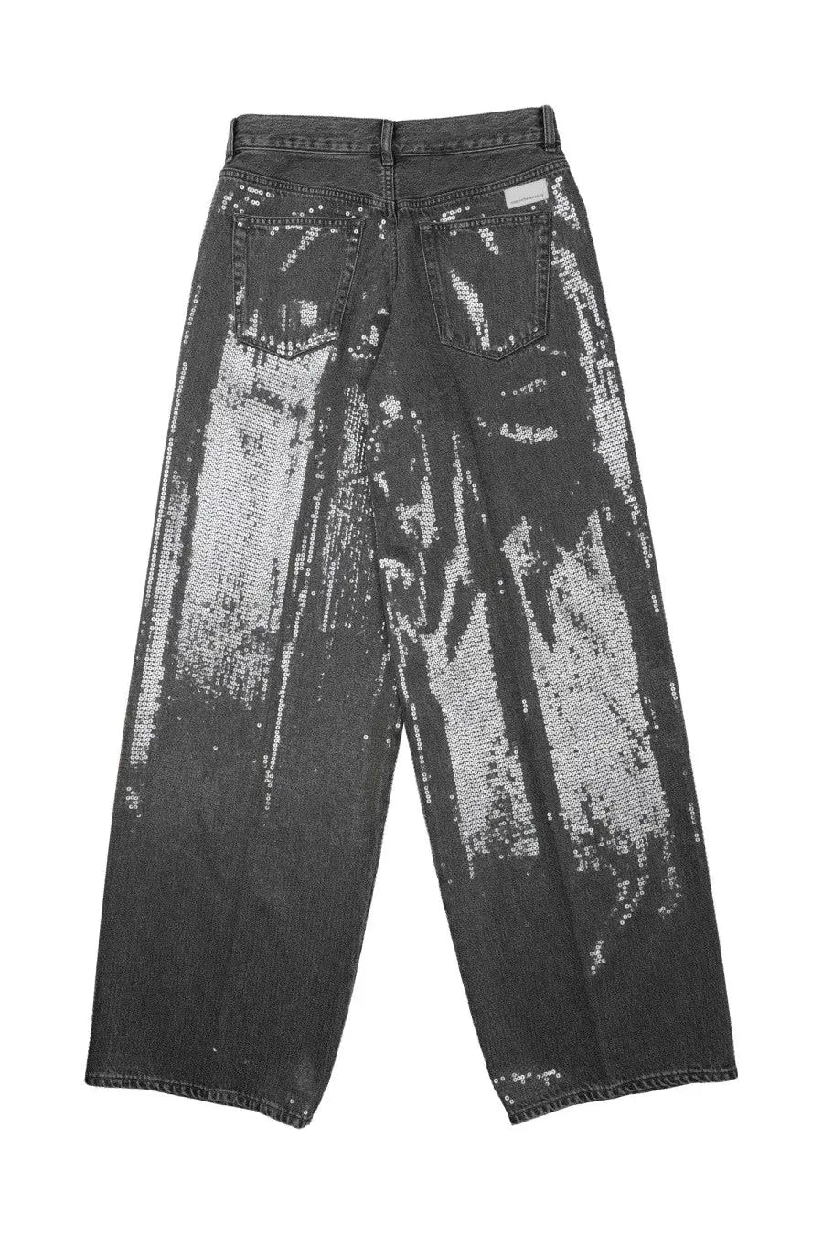 Dark gray denim wide-leg pants with vertical silver sequin streaks by Nine Inthe Morning Womens jeans con paillettes grey
