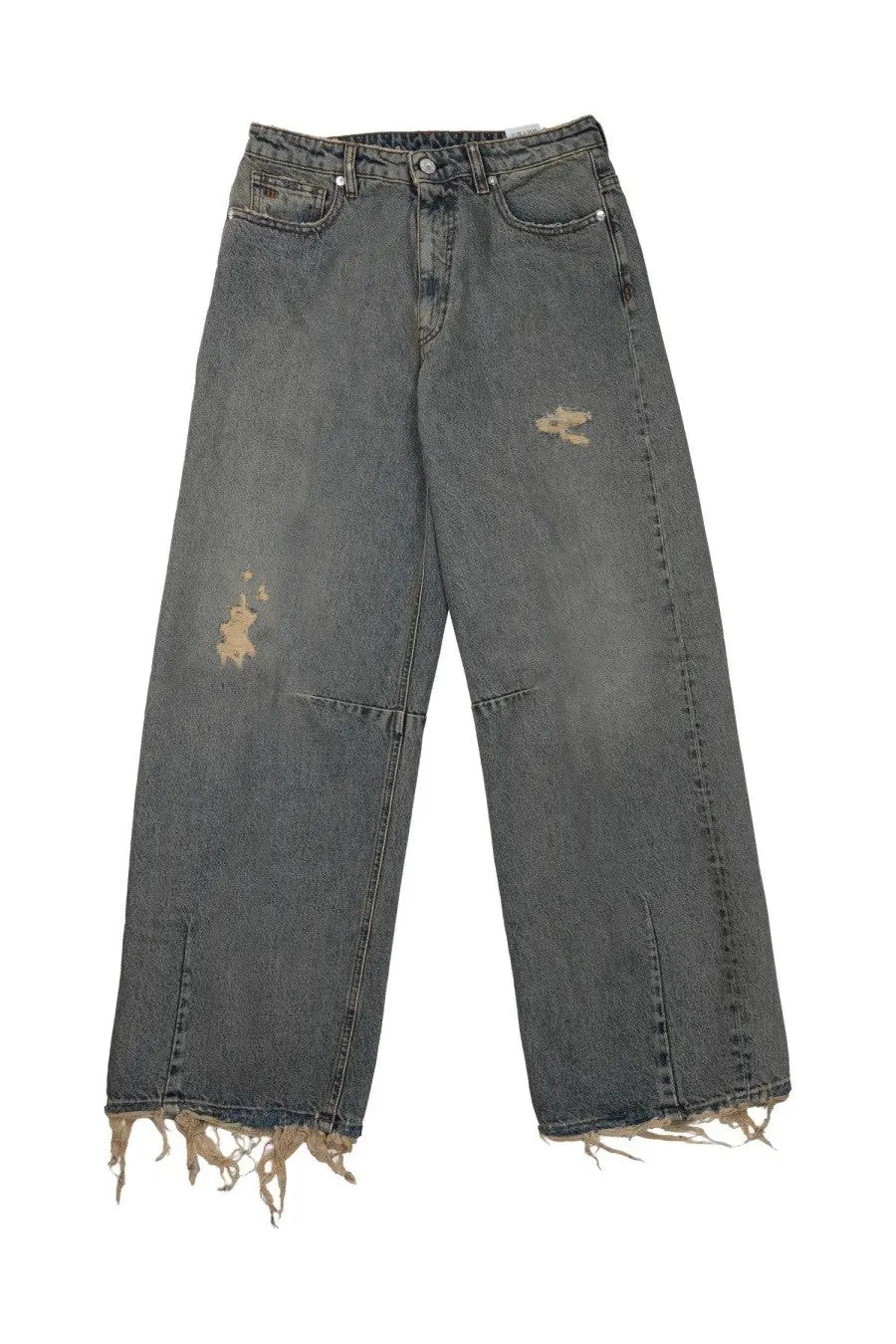 Nine in the morning women dark gray distressed wide-leg denim jeans with frayed hems and faded patches