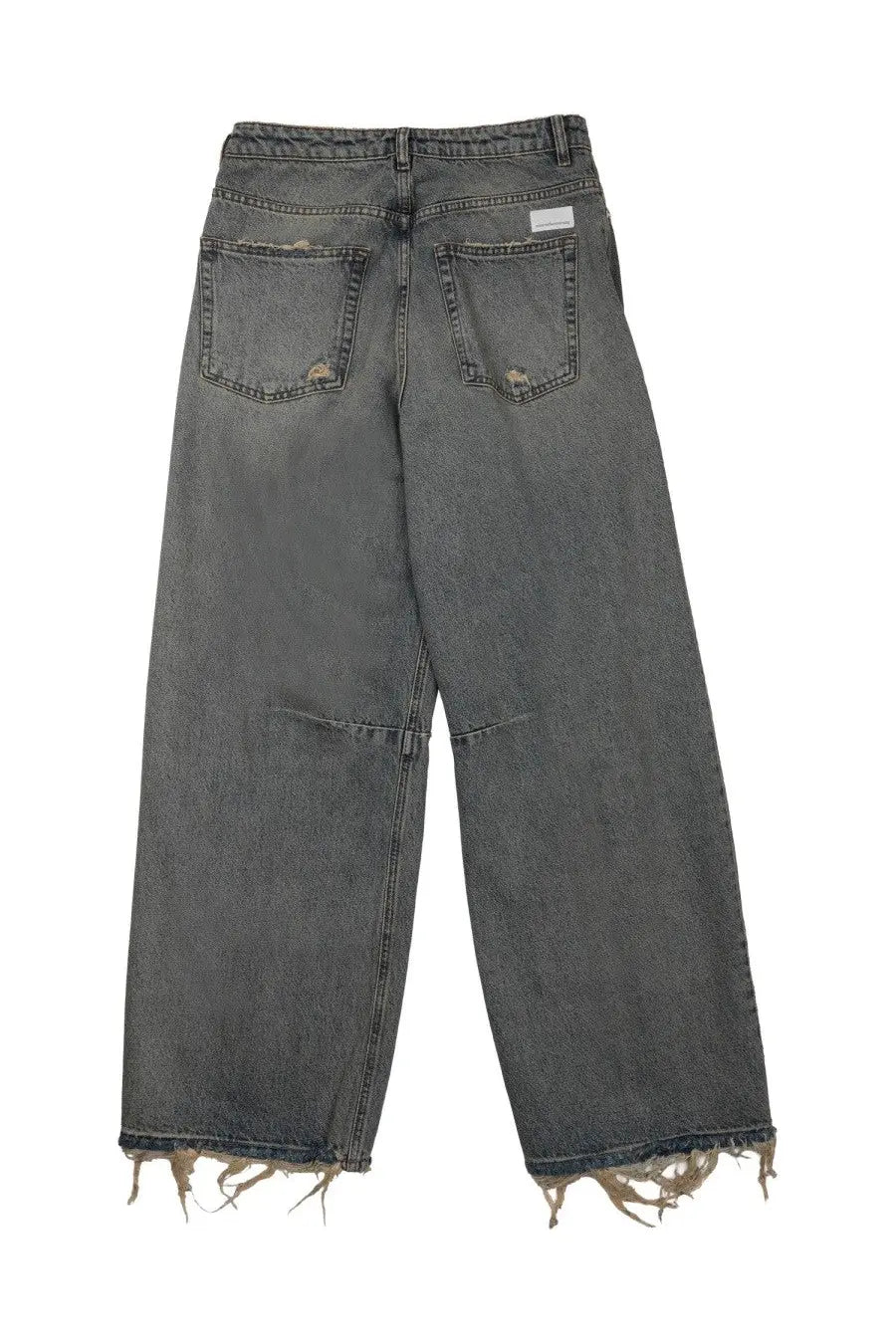 Dark gray wide-leg denim jeans with frayed hems and distressed back pockets from nineinthe morning