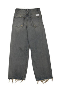 Dark gray wide-leg denim jeans with frayed hems and distressed back pockets from nineinthe morning