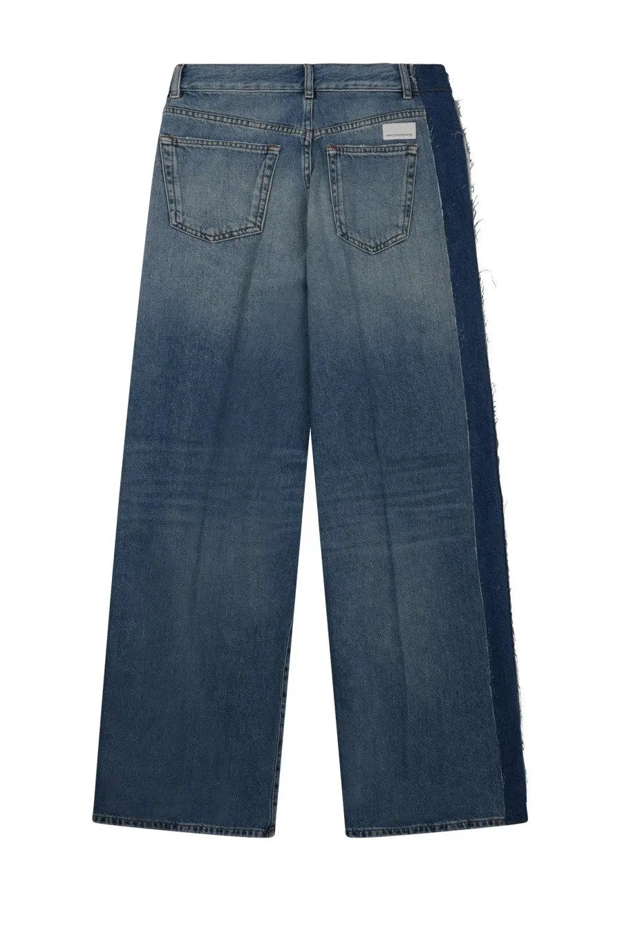 Nine Inthe Morning women’s wide-leg denim jeans in gea blue with faded wash and dark frayed side panels