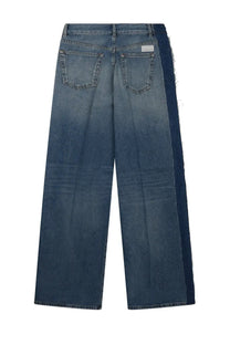 Nine Inthe Morning women’s wide-leg denim jeans in gea blue with faded wash and dark frayed side panels