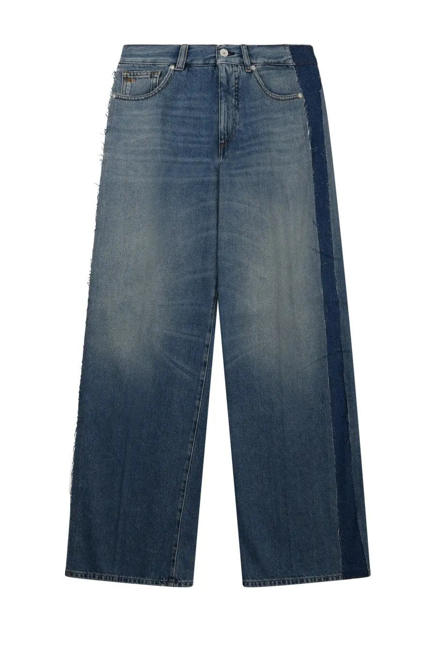 Wide-leg denim trousers in faded blue wash with dark navy vertical stripe from nineinthemorning women’s jeans gea blue