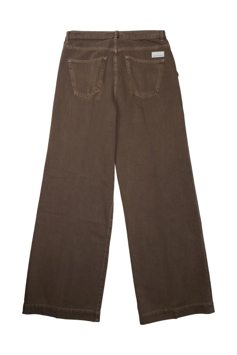 Brown denim nine:inthe:morning women’s palazzo jeans shown from the back with relaxed wide leg and classic pockets