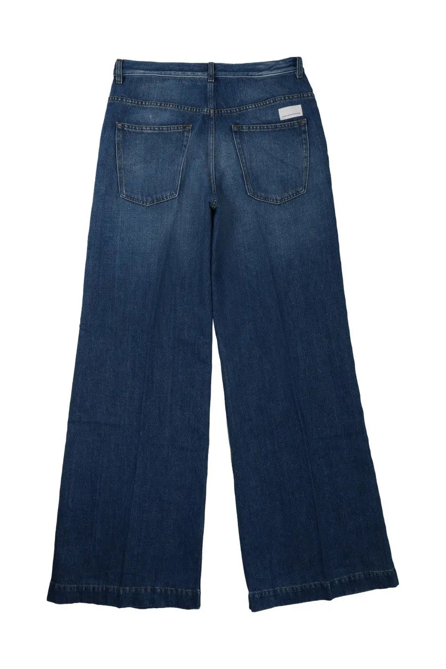 Dark blue denim straight-leg jeans with classic back pockets shown from the back by Nine Inthe Morning