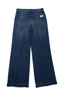 Dark blue denim straight-leg jeans with classic back pockets shown from the back by Nine Inthe Morning