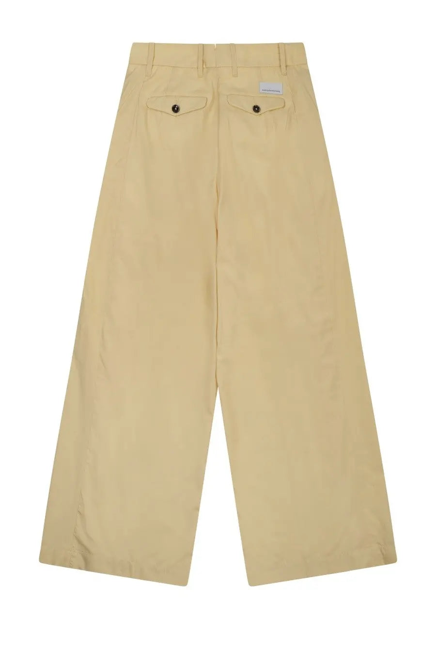 Beige wide-leg chino pants with buttoned back pockets and subtle brand label from Nine Inthe Morning Petra Yellow collection back view