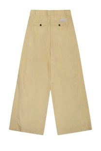 Beige wide-leg chino pants with buttoned back pockets and subtle brand label from Nine Inthe Morning Petra Yellow collection back view
