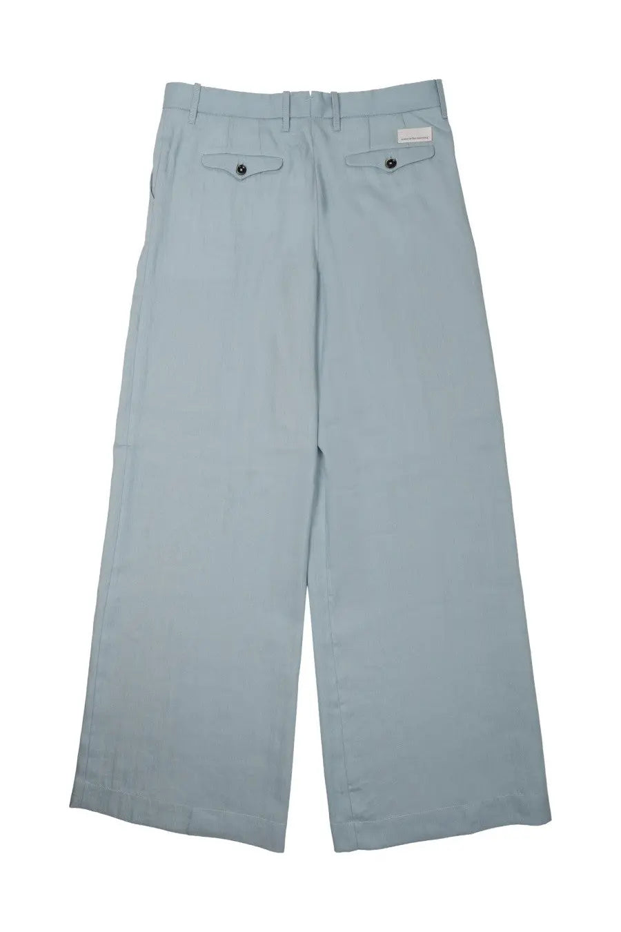 Light blue wide-leg trousers with clean minimalist design and subtle buttoned back pockets by Nine Inthe Morning
