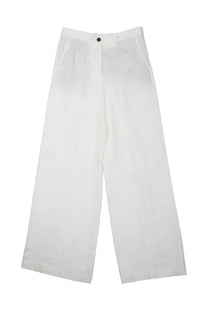 Nineinthe morning women’s pantalone karen white wide-leg linen trousers with clean design and single black button waistband