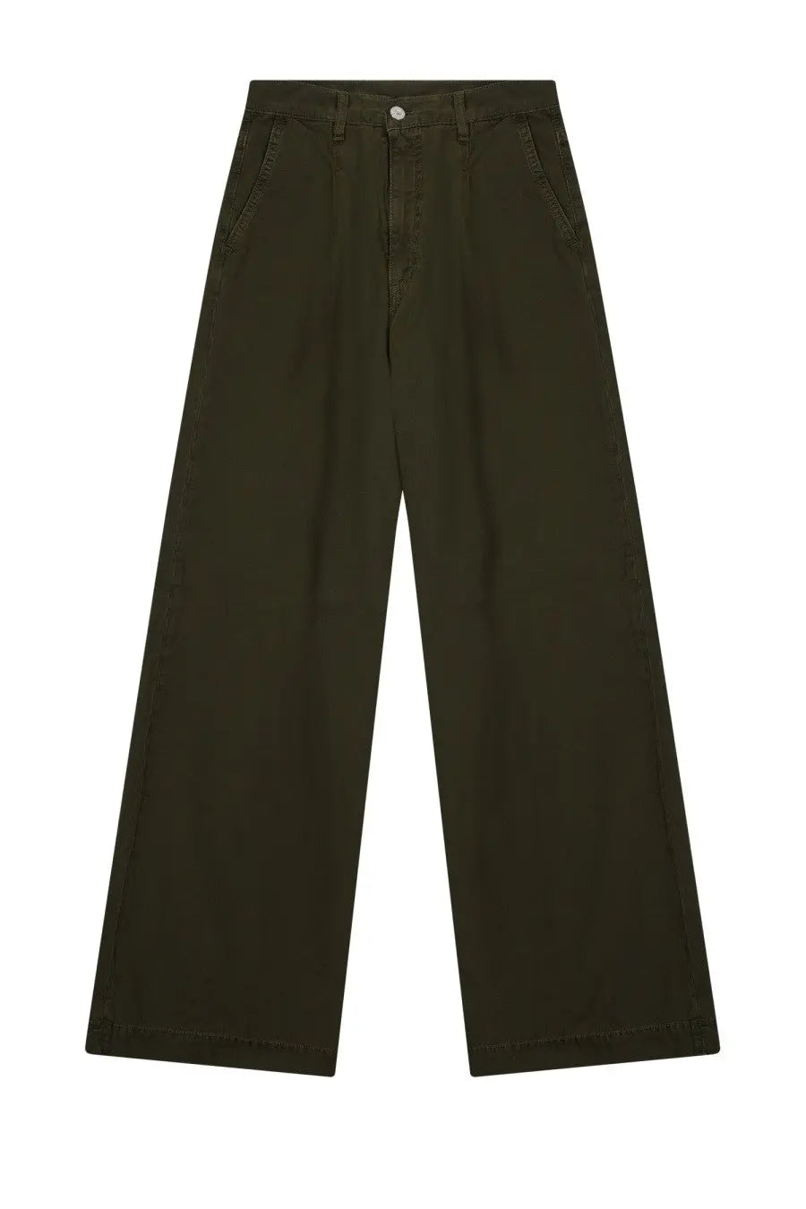 Dark olive green wide-leg trousers by Nine Inthe Morning made of sturdy textured fabric with front pockets and button closure