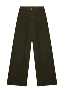 Dark olive green wide-leg trousers by Nine Inthe Morning made of sturdy textured fabric with front pockets and button closure