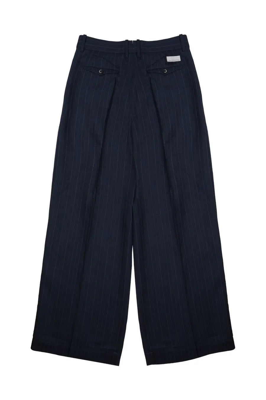 Dark navy pinstripe wide-leg pantalone palazzo trousers with buttoned back pockets by nine in the morning