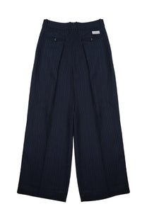 Dark navy pinstripe wide-leg pantalone palazzo trousers with buttoned back pockets by nine in the morning
