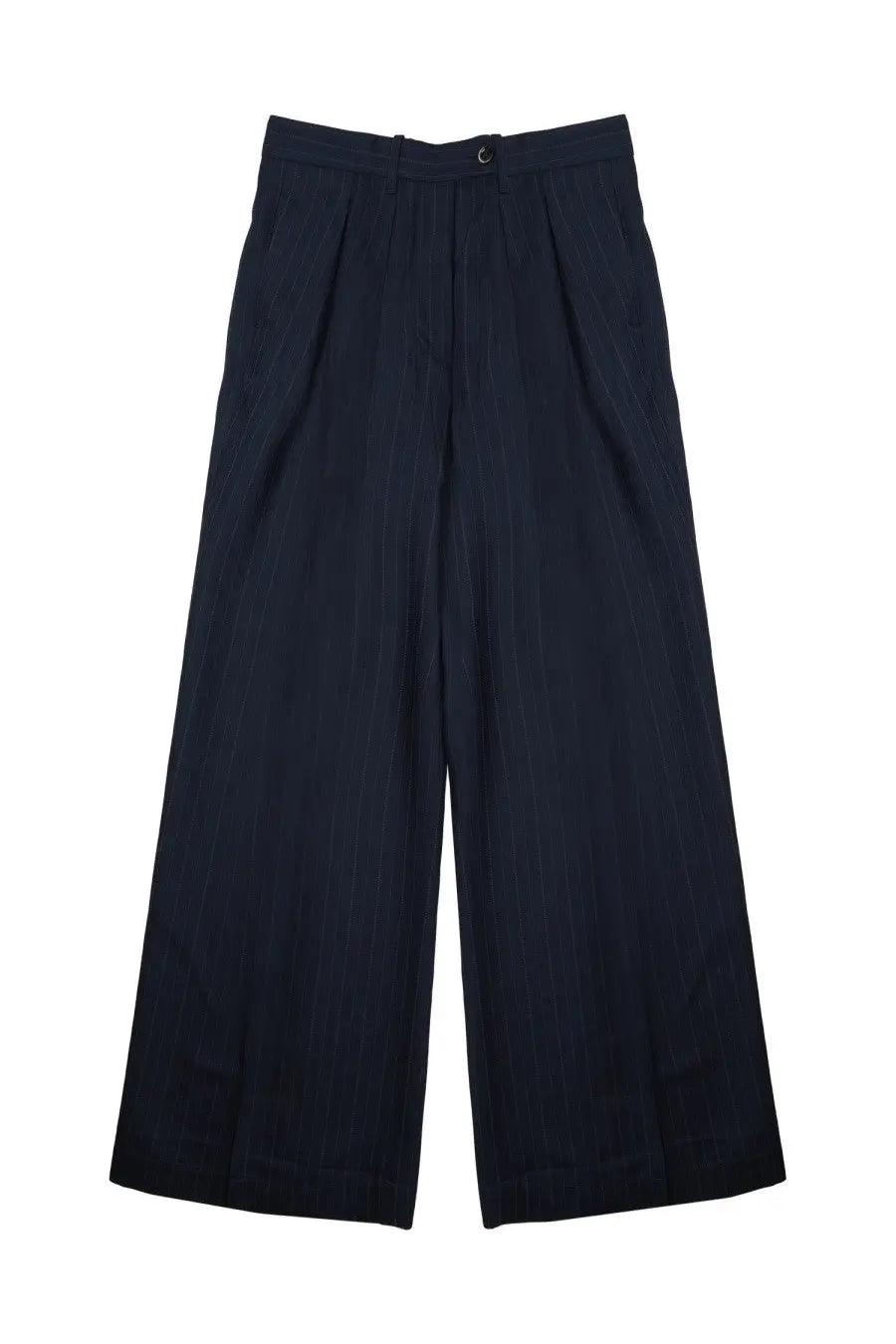 Nine Inthe Morning women’s pantalone palazzo Sandra blue dark navy pinstripe wide-leg trousers with tailored waistband and pleats