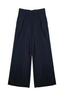 Nine Inthe Morning women’s pantalone palazzo Sandra blue dark navy pinstripe wide-leg trousers with tailored waistband and pleats