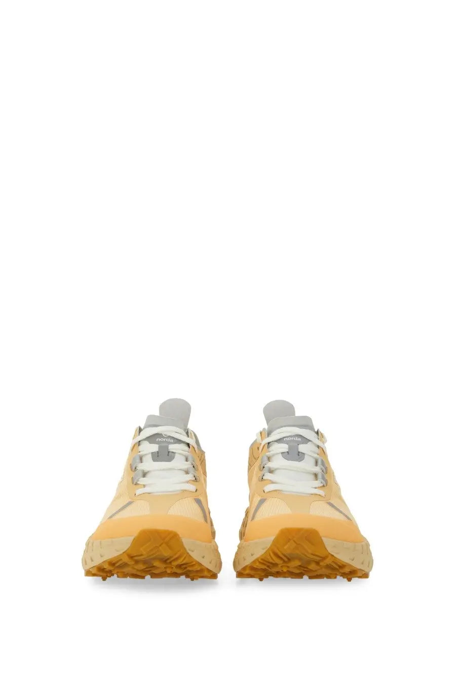 Pair of norda men’s conder dyneema yellow hiking sneakers with white laces and gray accents for outdoor use
