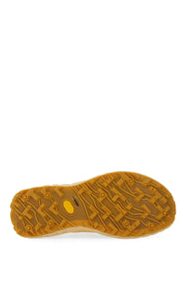 The sole of norda mens conder dyneema sneaker yellow is made of durable tan rubber with intricate tread and vibram logo