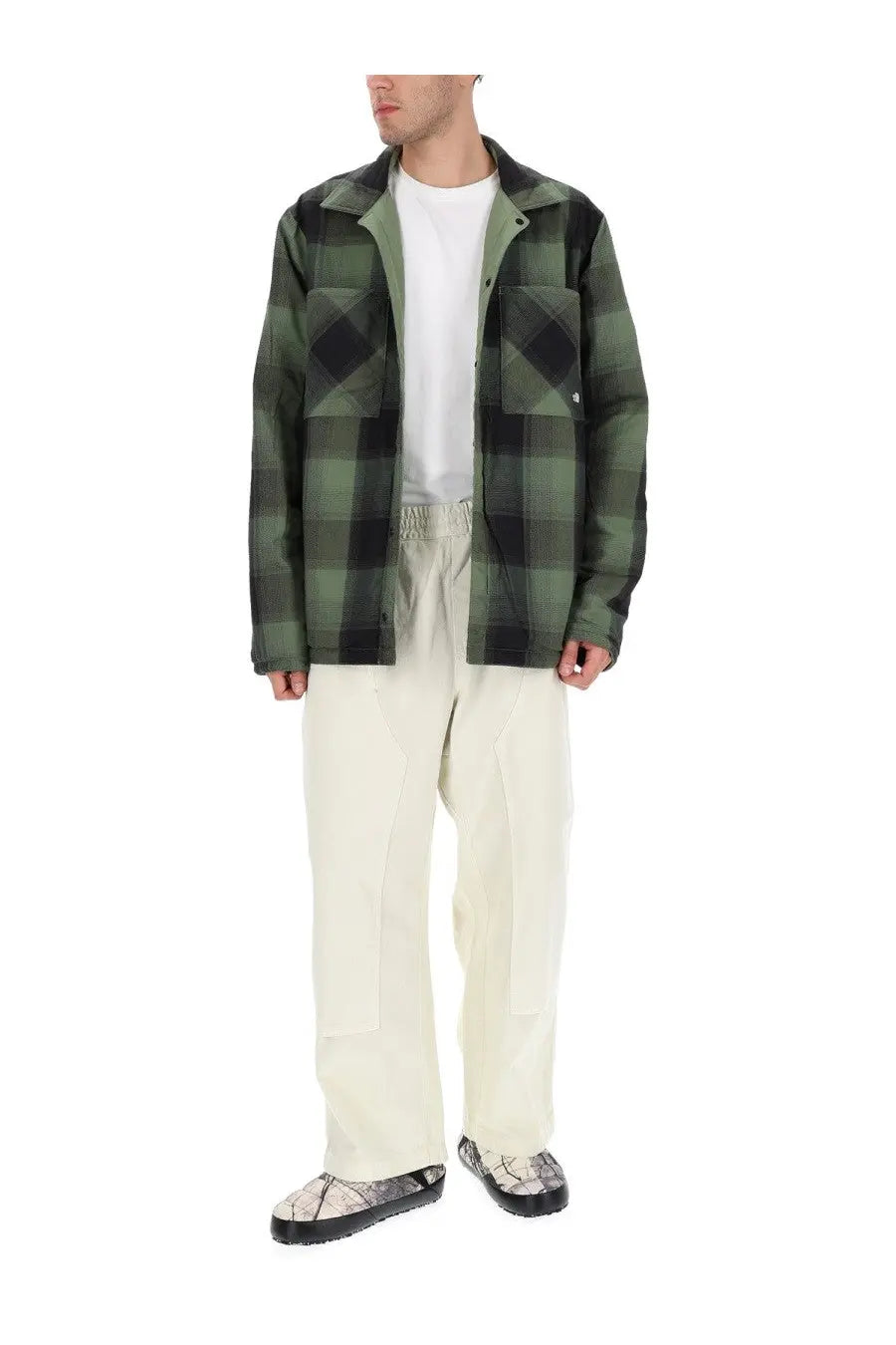 The North Face men’s Afterburner flannel jacket in olive and black plaid with collar and chest pockets