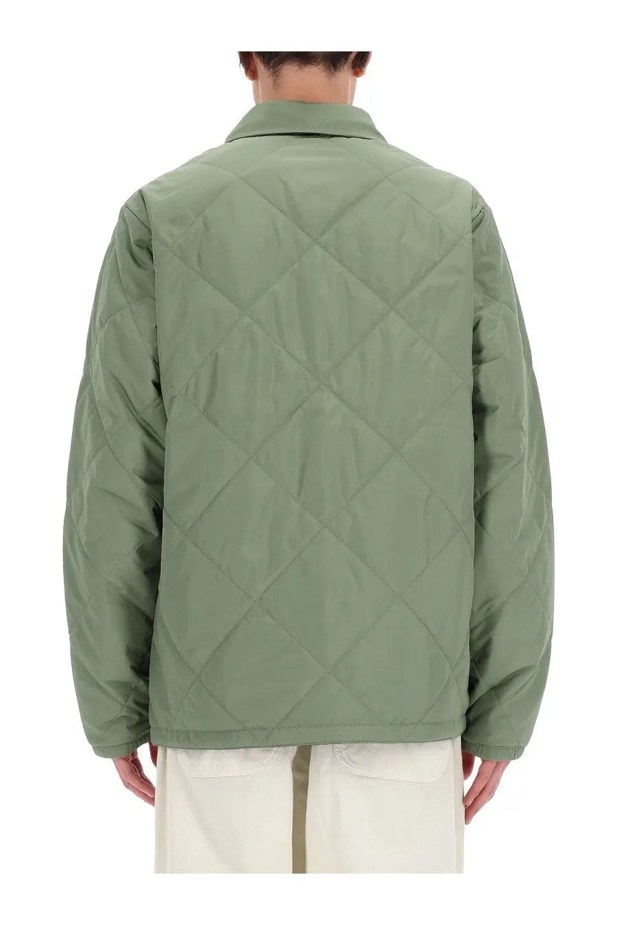 The North Face men’s Afterburner olive green quilted jacket with diamond stitching pattern and flannel lining