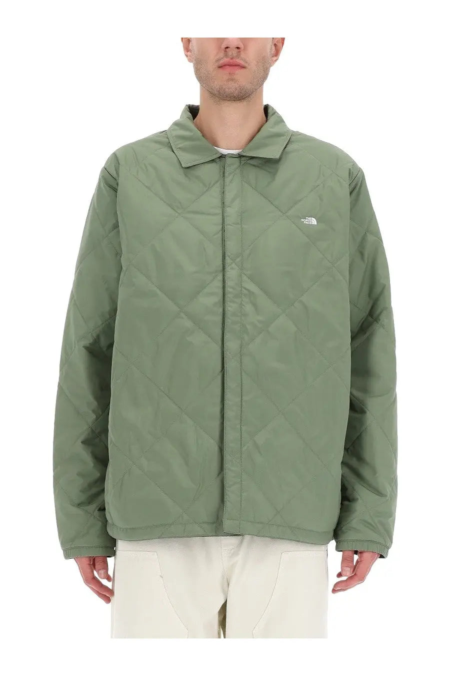 The North Face men’s afterburner flannel jacket green quilted with olive green fabric and subtle white logo on left chest