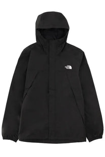 The north face men’s Antora black jacket with a hood and white logo on the chest designed for outdoor use