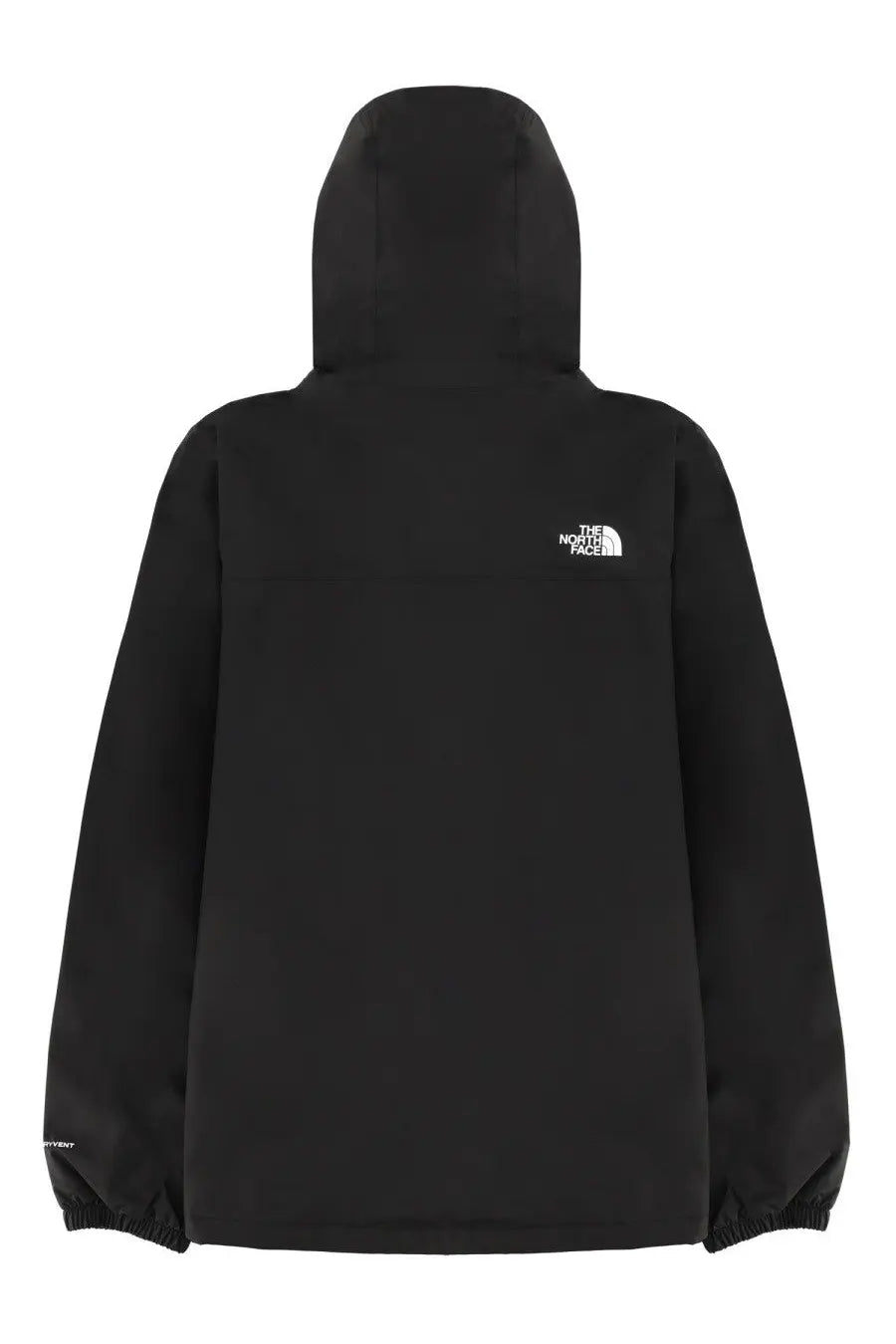 The North Face men’s Antora jacket black hooded with white logo on the upper left chest for outdoor use