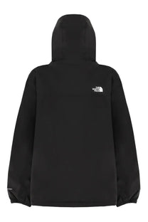 The North Face men’s Antora jacket black hooded with white logo on the upper left chest for outdoor use