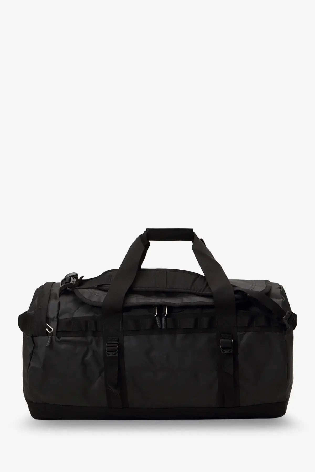 The north face men’s base camp duffel black with reinforced straps and durable recycled PVC fabric for rugged use