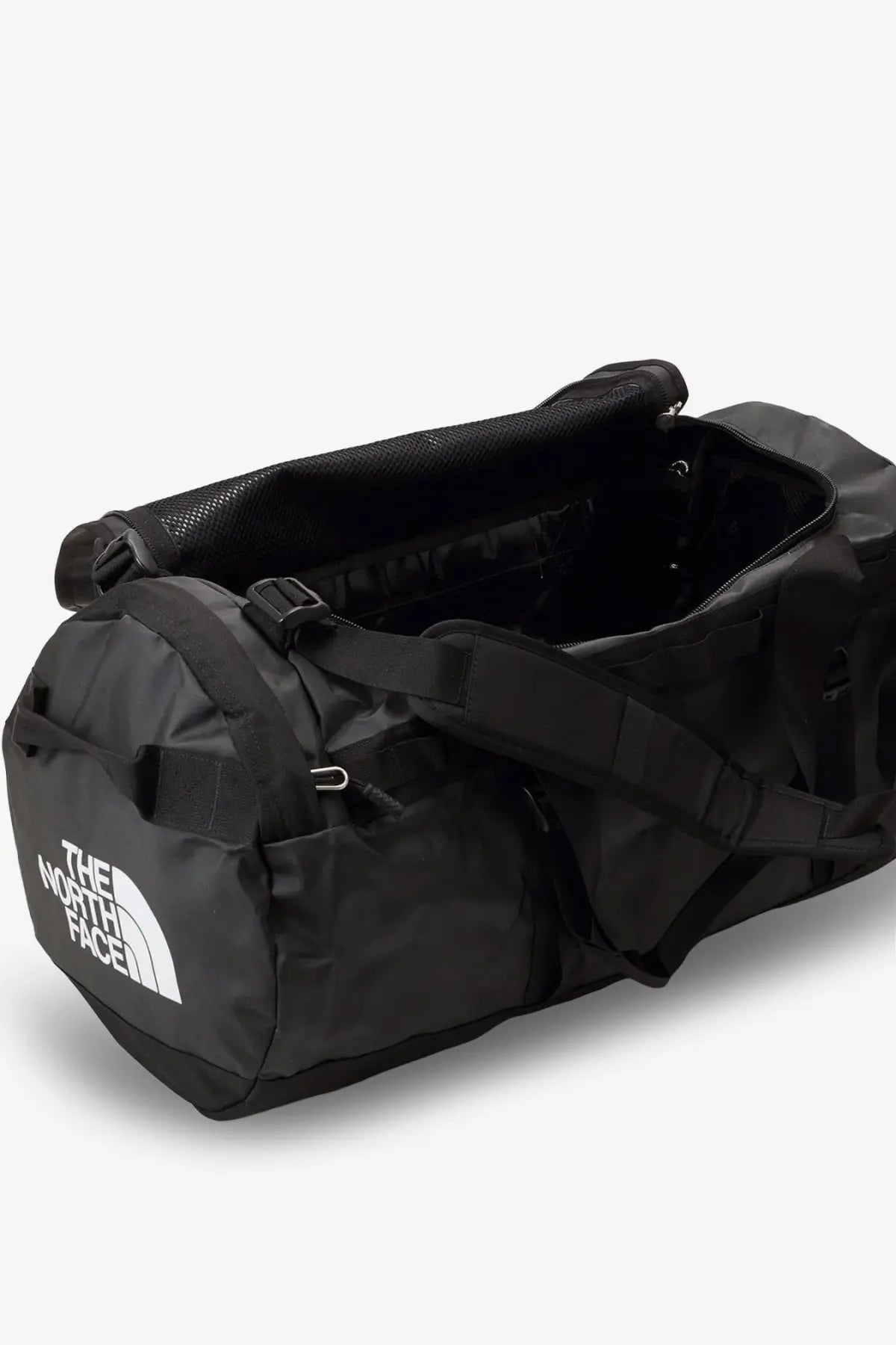 Black The North Face men’s base camp duffel recycled PVC backpack with white logo and mesh lining