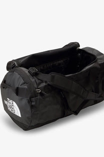 Black The North Face men’s base camp duffel recycled PVC backpack with white logo and mesh lining