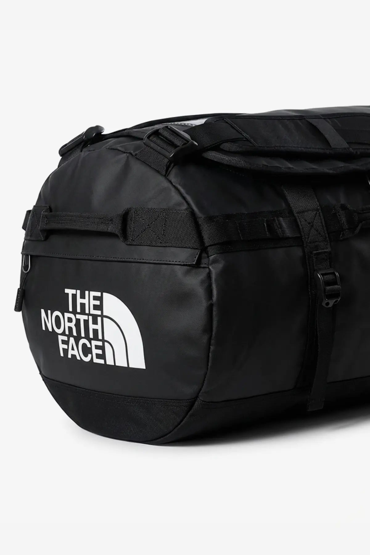 The north face men’s base camp duffel black recycled pvc backpack with white logo and reinforced straps