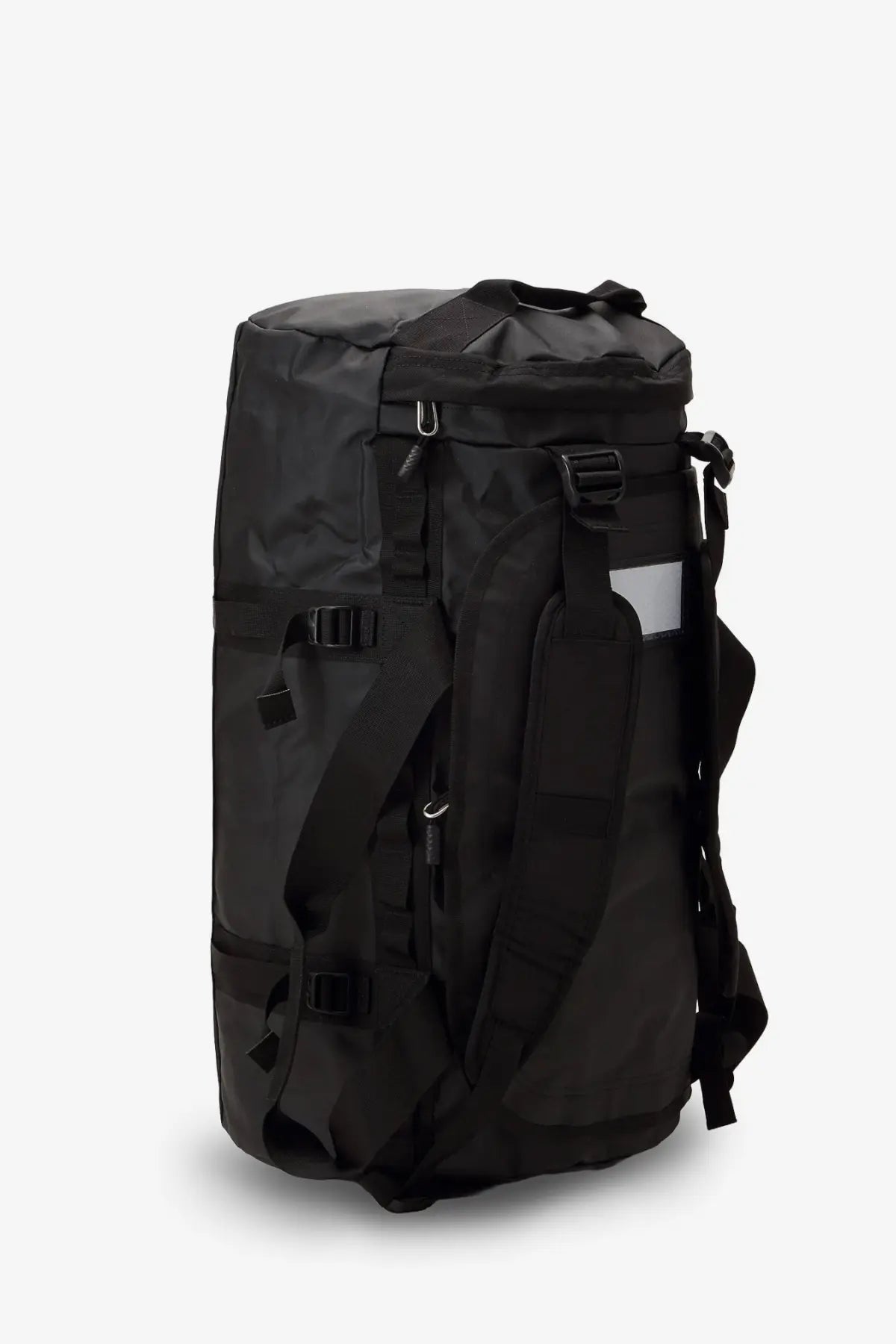 The North Face men’s base camp duffel black durable bag with reinforced straps and reflective patch made from recycled pvc