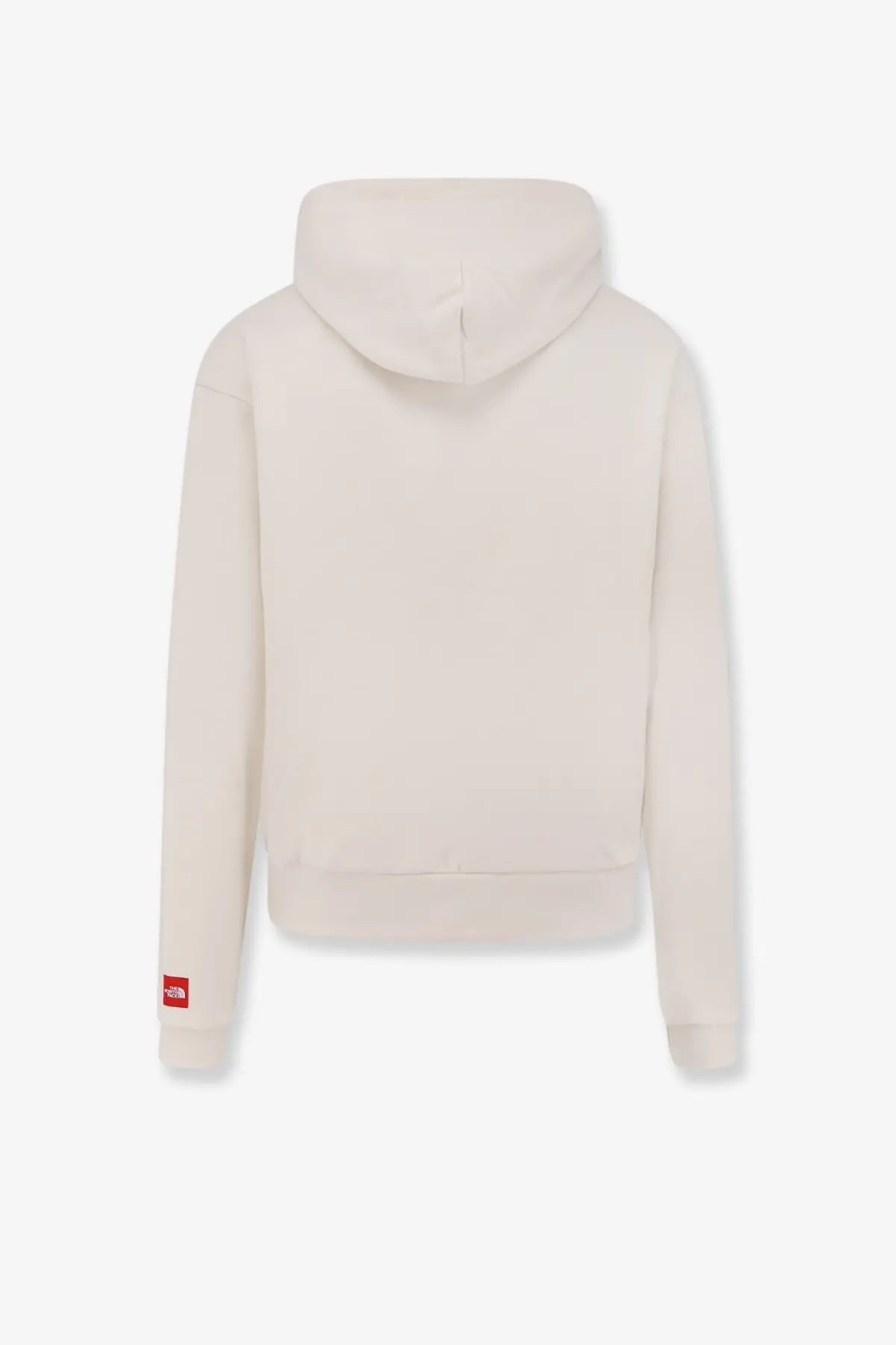 The North Face men’s cream-colored cotton blend hooded sweatshirt with soft textured fabric and red branding tag on left sleeve