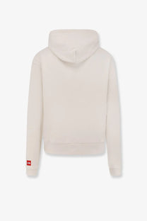 The North Face men’s cream-colored cotton blend hooded sweatshirt with soft textured fabric and red branding tag on left sleeve