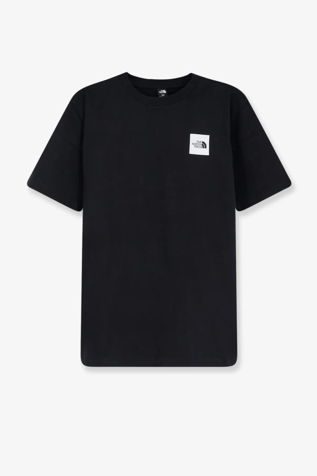 The north face men’s black cotton short-sleeved t-shirt with a white rectangular logo patch on the left chest