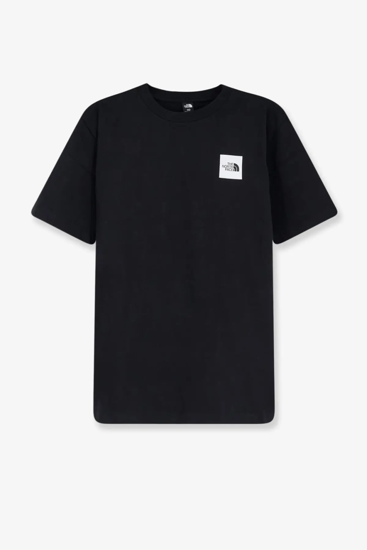 The north face men’s black cotton short-sleeved t-shirt with a white rectangular logo patch on the left chest