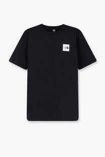 The north face men’s black cotton short-sleeved t-shirt with a white rectangular logo patch on the left chest