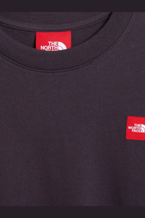 The North Face men’s black cotton crewneck sweatshirt with red rectangular logo patches and white text detail