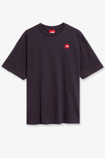 The north face men’s cotton short-sleeved black t-shirt with red logo patches on chest and collar