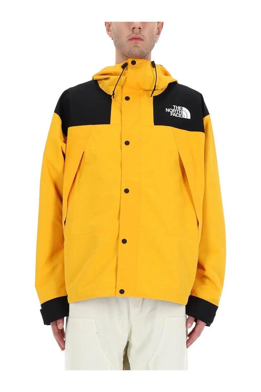The North Face men’s Dryvent jacket yellow with hood button front and bright yellow black panels in waterproof fabric