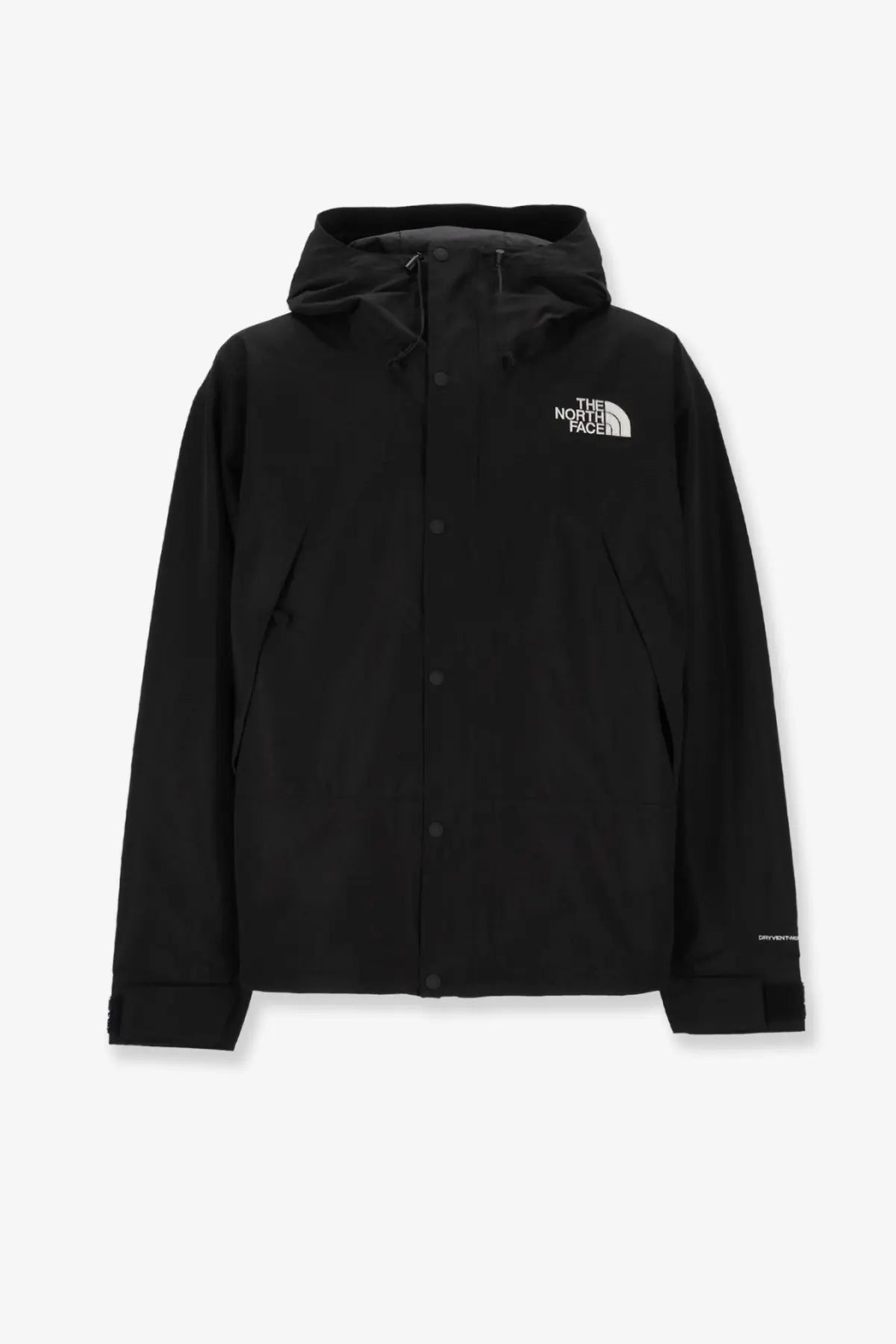 The North Face men’s Dryvent mono jacket black hooded with white logo on chest and subtle sleeve branding