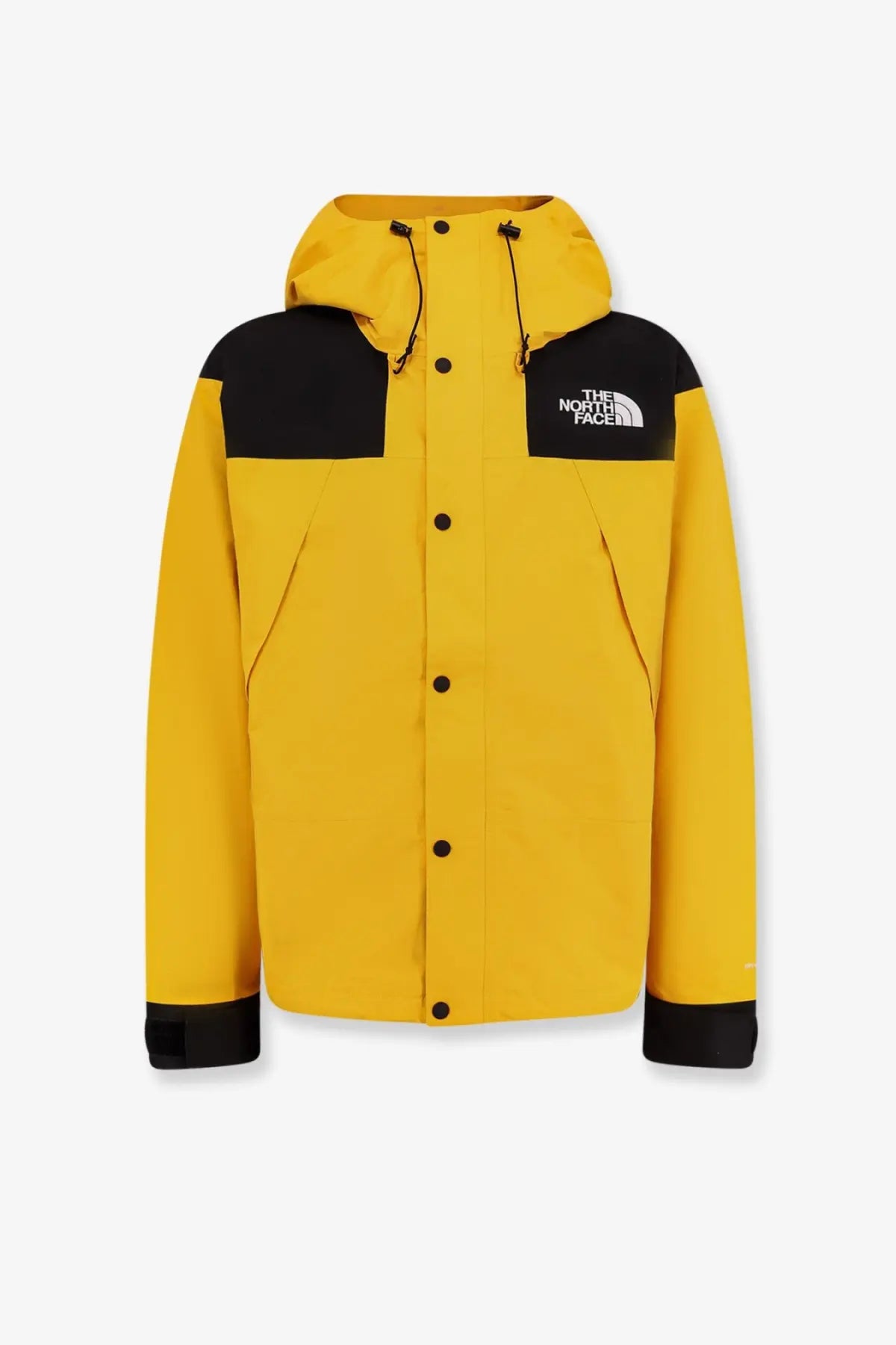 The north face men’s dryvent mono nylon windbreaker jacket in yellow and black with hood button front and contrasting panels