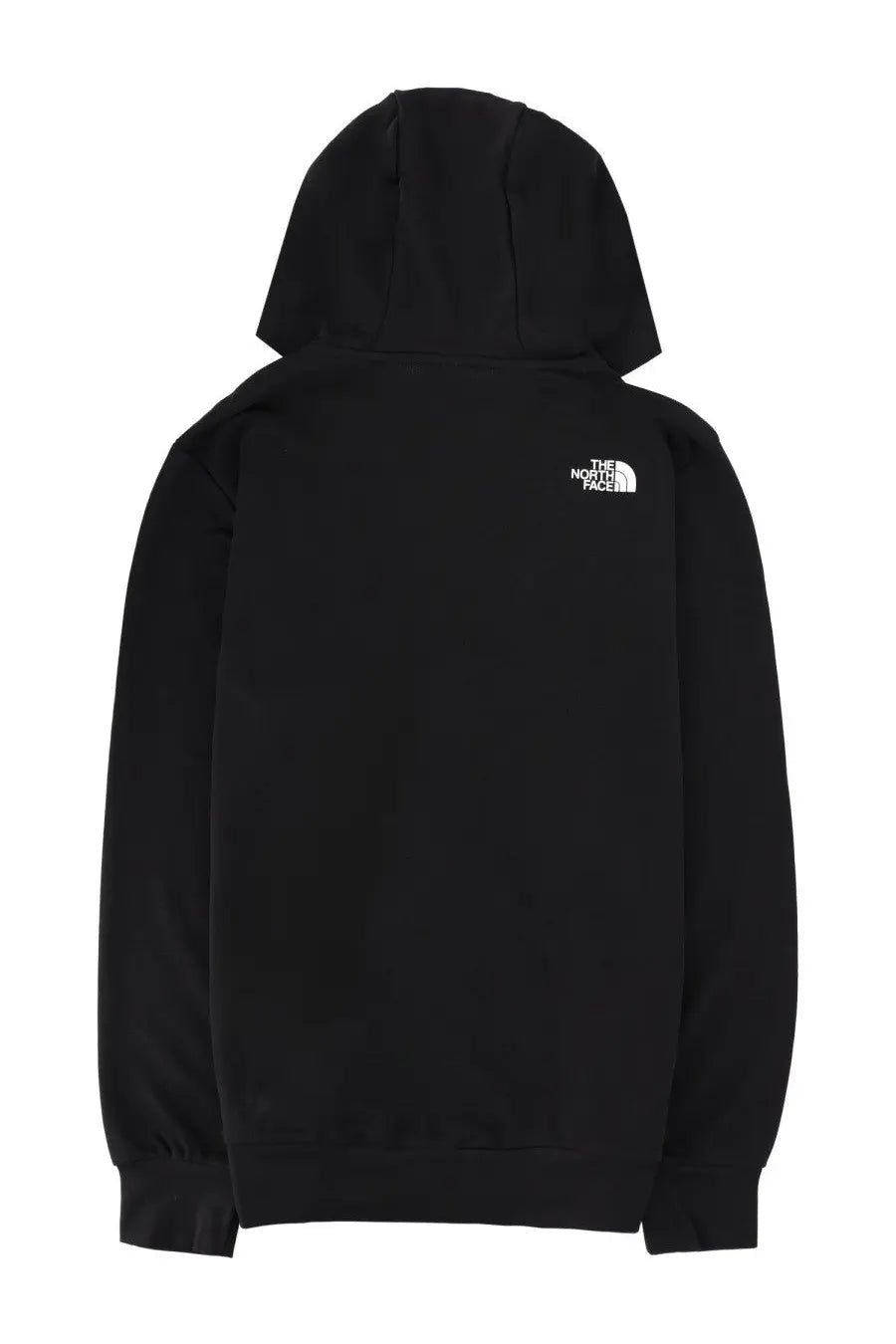 The back side of The North Face men’s black felpa con zip hoodie with a white logo on the upper back