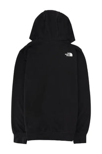 The back side of The North Face men’s black felpa con zip hoodie with a white logo on the upper back