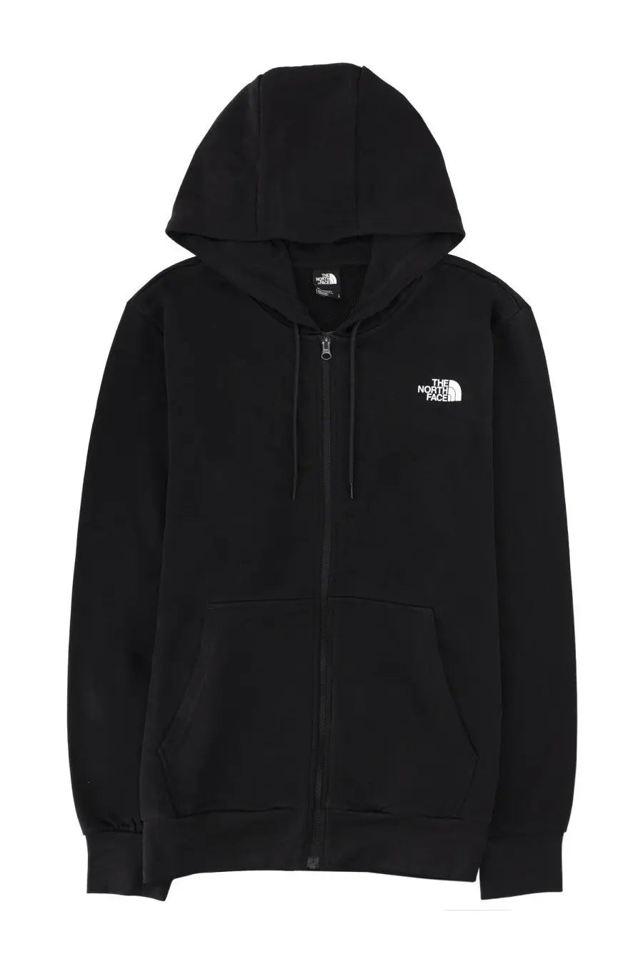 The North Face men’s black zip-up hoodie with white logo on the chest made from soft fleece material