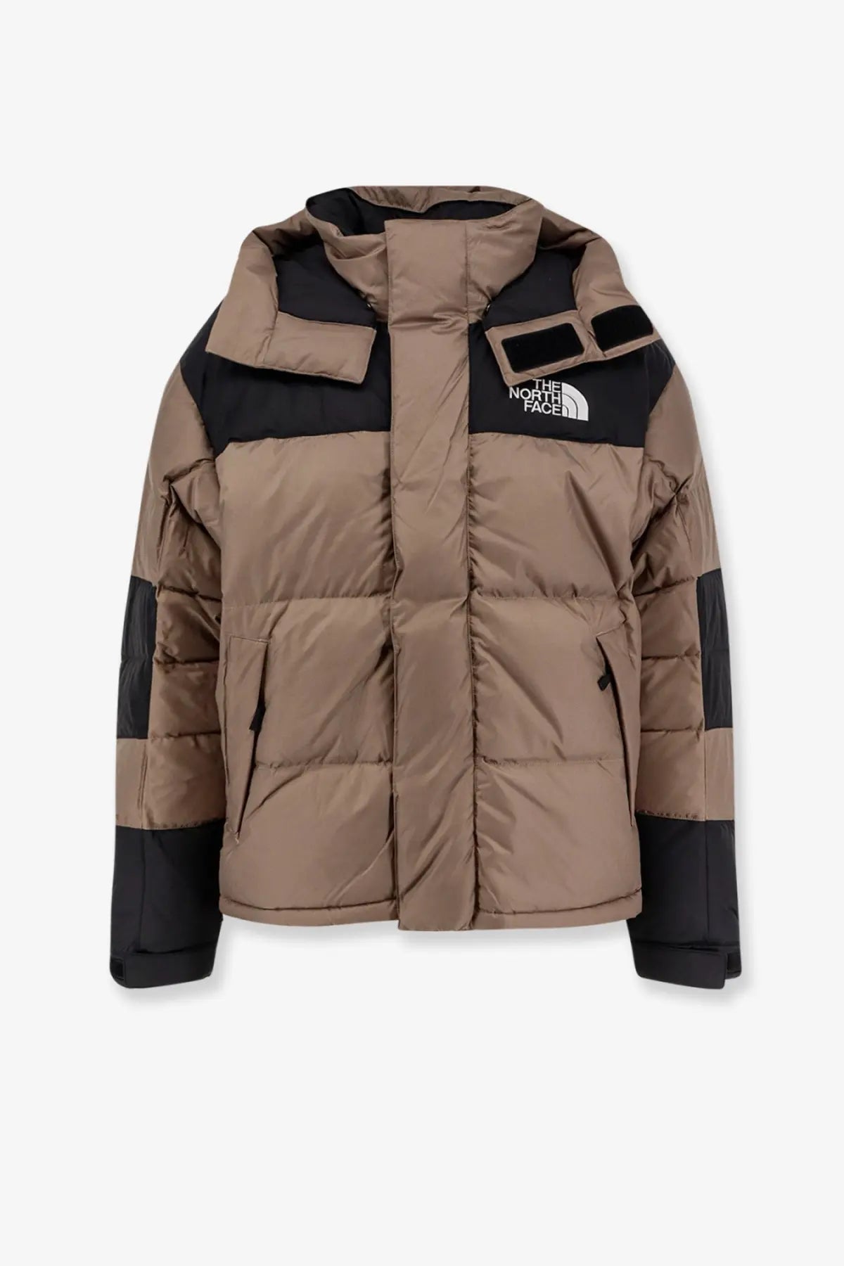 The north face men’s himalayan nylon down jacket brown tan and black quilted puffer with hood and front pockets