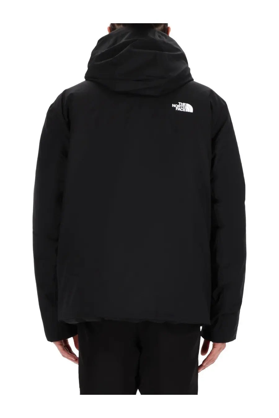 The back side of the north face men’s black hooded jacket features a white logo on the upper back