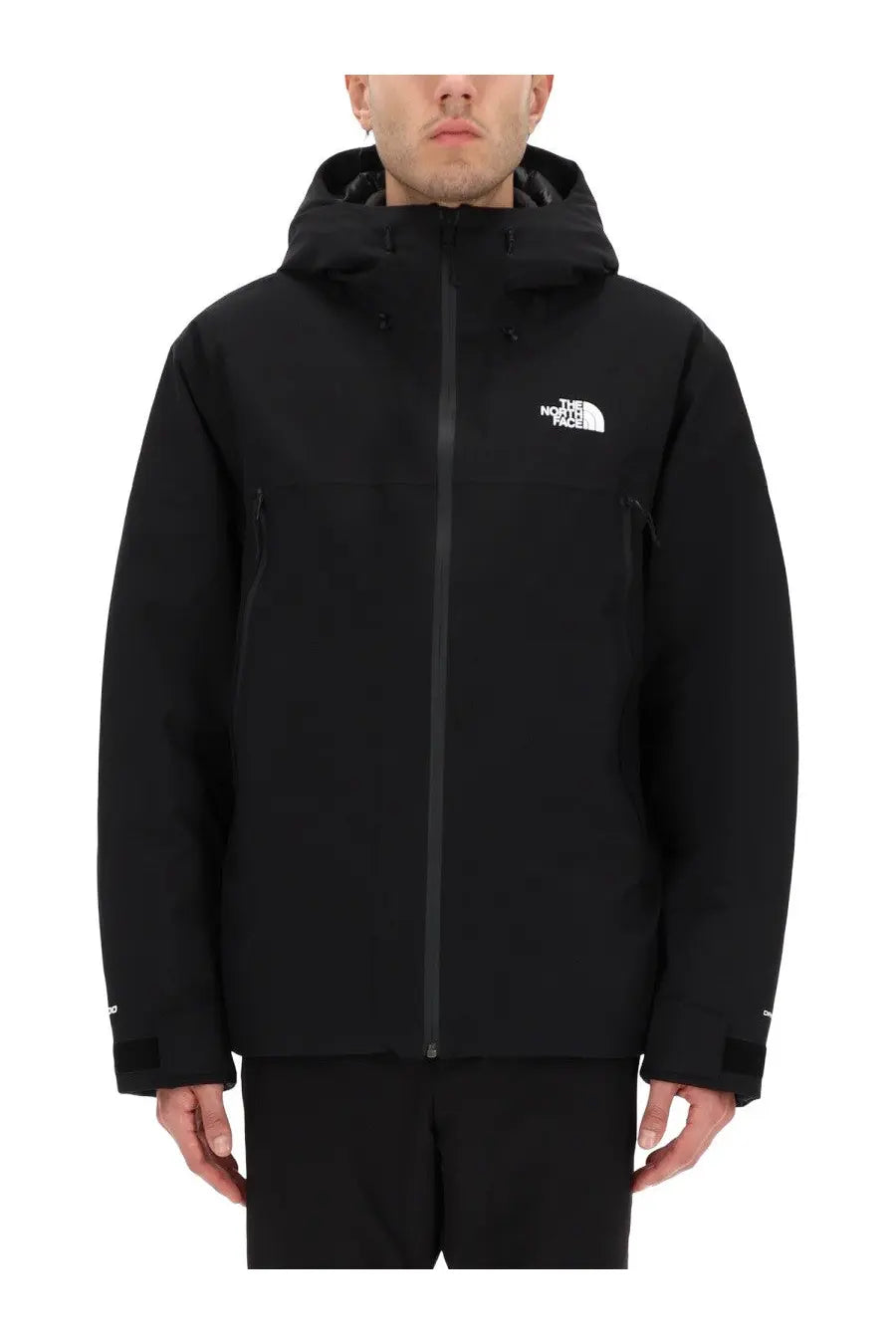 The North Face men’s black jacket featuring a white logo on the chest and black zipper details